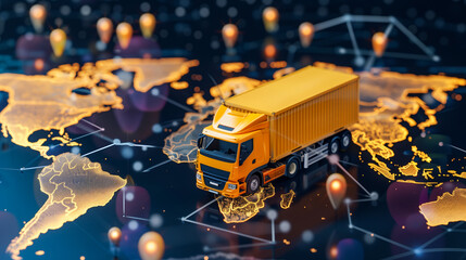 High-tech logistics truck on a digital map background, representing global supply chain and connectivity