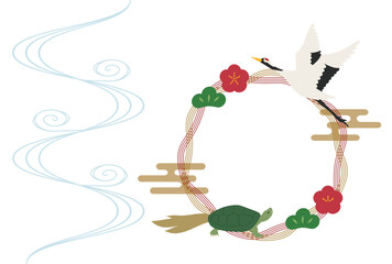 鶴と亀の年賀状テンプレート、鶴亀、敬老の日、横書き