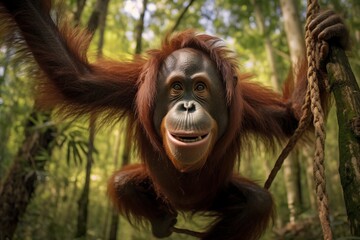 Friendly orangutan swinging on a vine in lush tropical forest. Capturing the beauty and playful nature of wildlife in their natural habitat.