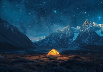 A glowing orange tent in the wilderness under a starry sky, with mountains and grassland in the background, the high definition photography taken with a wide-angle lens