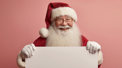 A portrait of Santa Claus wearing a traditional red suit and white beard, smiling warmly while holding a blank sign in front of a pink background