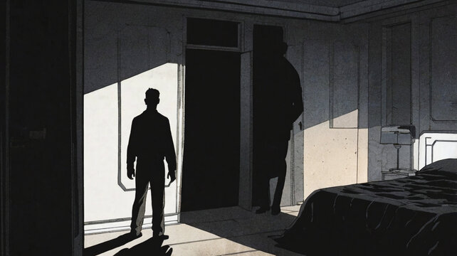 Shadows and Silhouettes in paranoid person hallucination, lurking figures or hidden dangers, paranoia and insecurity