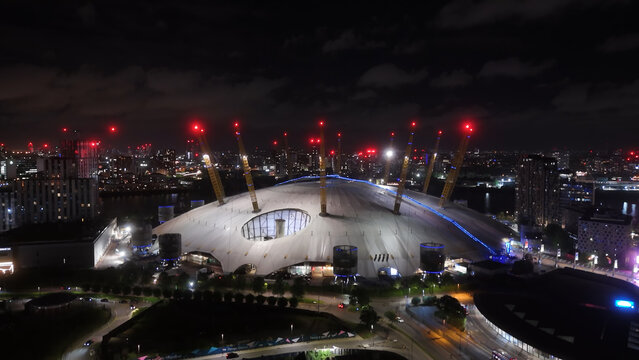 Aerial view over The O2 Arena in London at night - LONDON, ENGLAND - MAY 27, 2024