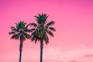 A vibrant depiction of palm trees with a surreal pink tone set against a bright blue sky, evoking a dreamlike quality	