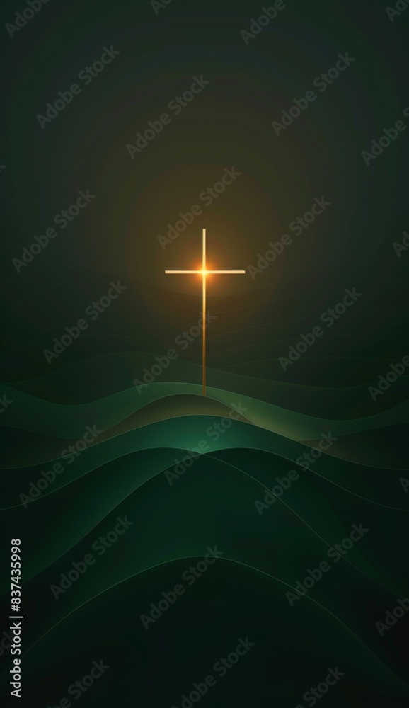 Wall mural Minimalistic Cross with Golden Glow on Dark Green Abstract Background - Wall murals