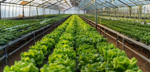 A panoramic view of an endless green salad farm with rows growing lettuce in plastic flooring.