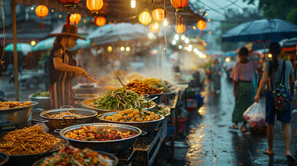 Busy Market Scene with Food Stalls and People