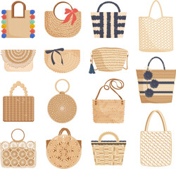 Set of straw bags with different handles, colorful shopping tote bags, summer beach bags. vector illustration