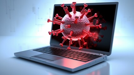 A computer with a digital representation of a virus, symbolizing cyber threats, malware, or antivirus software protection.