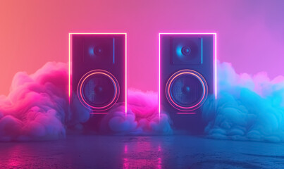 Neon Style Speakers Emitting Colorful Smoke on a Dark Background