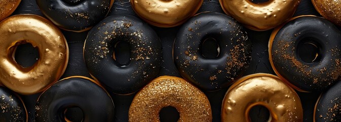 Fototapeta premium Gold and black donuts on black background