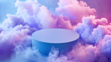 circular platform surrounded by neon colored clouds on blue background