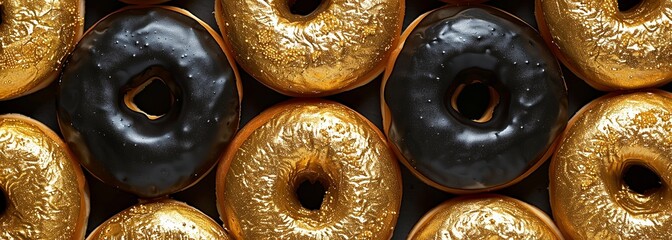 Naklejka premium Gold and black donuts on black background
