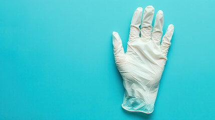 medical glove showing ok gesture on pastel blue background, with copy space for text