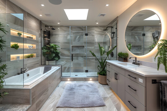 Contemporary bathroom freestanding bathtub, walk-in shower glass enclosure, white marble countertops, round mirrors LED backlighting, grey tiles, skylight, small potted plants touch of greenery. - Powered by Adobe
