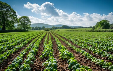 A wide view of an expansive potato field under the bright sun, with rows upon rows neatly lined up with vibrant green potatoes, captured in crisp detail against a clear blue sky.