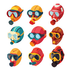 Collection colorful helmets attached goggles respiratory equipment, underwater hazardous environment use. Various designs hues suggest diversification functionality style. Graphic style appears