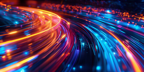 Abstract digital background with light trails moving fast on the road, glowing neon lights