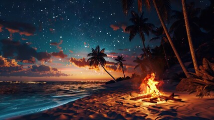 Inviting campfire on the beach during the summer, bring back fond memories. Fun and good times at the lake. AI generated illustration