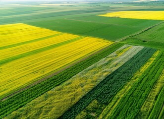 Fototapeta premium Aerial view of bright green and yellow crop fields, canola plantations in springtime.