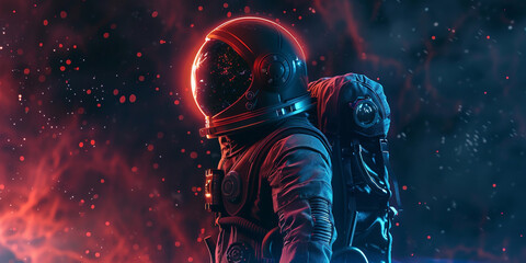Fototapeta premium A glowing astronaut with dark suit floating in space, sad background