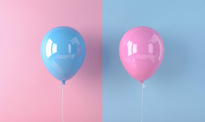 pink and blue balloons floating on pastel background