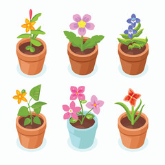 Illustration depicts six potted flowers, colorful blooming houseplants flowerpots. Isometric view variety plants, ideal gardening concept. Bright flowers, green leaves earthen pots indoor garden