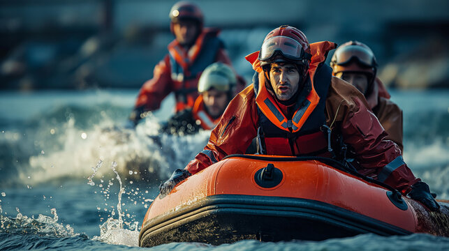 Rescue team navigating rough waters in inflatable raft.