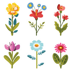 Fototapeta premium Six cartoon flowers colorful flat design, floral collection assorted varieties, botanical illustrations. Nature themed artwork, playful garden elements, vibrant spring flowers, creative decoration