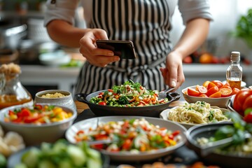 A woman in a striped apron uses her smartphone to take a photo of an array of colorful, healthy dishes arranged on a kitchen countertop.