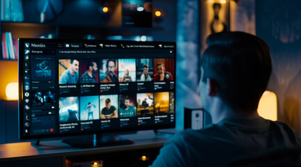 Digital streaming platform with movies and series on large TV screen