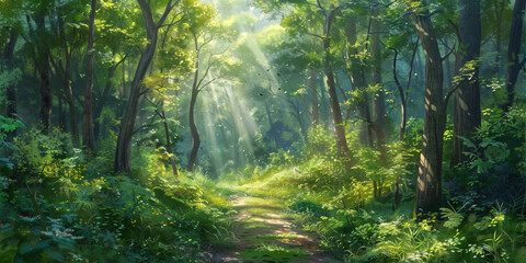 Obraz premium A path leading through the forest, with sunlight filtering down from towering trees and lush greenery surrounding it