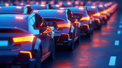 Obraz premium Line of modern cars in evening traffic on a highway.