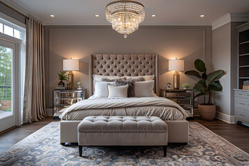 Glamorous beige and light grey bedroom with king-sized bed, tufted velvet headboard, bedside tables, crystal lamps, luxurious chandelier, plush area rug, vanity with a large mirror, velvet curtains.