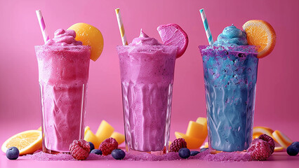 3d rendered multi-flavored fruit smoothies with small fruit pieces