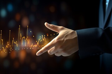 Businessman's hand pointing at a digital graph with data visualizations, symbolizing financial growth and success in a dark background.