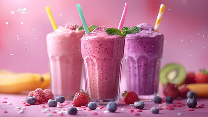 3d rendered multi-flavored fruit smoothies with small fruit pieces