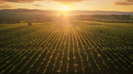 An aerial view of a sprawling vineyard at sunset, with rows of grapevines casting long shadows...