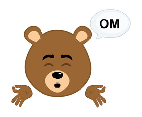 vector illustration face brown bear grizzly cartoon meditating with a speech bubble with the text OM