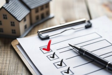 Close-up of checklist with red checkmark next to model house and pen on clipboard, representing real estate or home inspection.