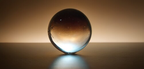 A translucent glass sphere with a warm golden glow stands centered on a smooth surface, displaying a beautiful gradient background.