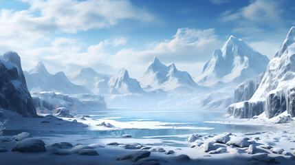 A vast, snow-covered landscape with mountains in the background. The sky is clear and blue, and the sun is shining brightly.
