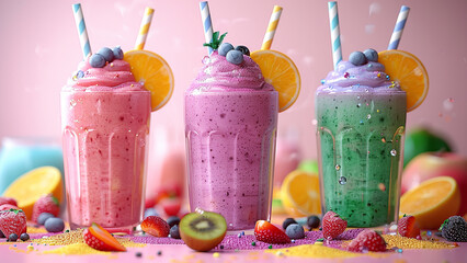 3d rendered multi-flavored fruit smoothies with small fruit pieces
