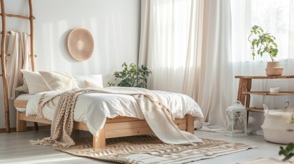Obraz premium Cozy bedroom bathed in natural light, showcasing wooden furniture, a plush bed, and decorative plants, evoking a welcoming and warm ambiance
