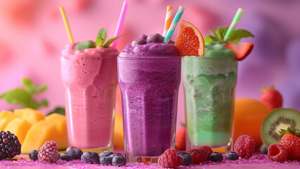 3d rendered multi-flavored fruit smoothies with small fruit pieces