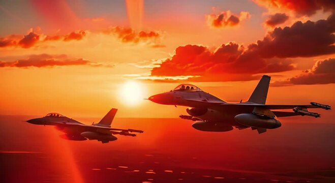 flying over the cities at sunset jet fighter f16 with great speed. Patrol of military combat aviation, protection of state borders concept. AI generated