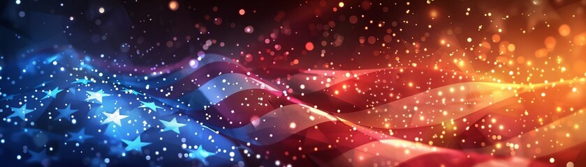 Glittering American flag with vibrant red, white, and blue colors, symbolizing patriotism and celebration amidst glowing sparkles.