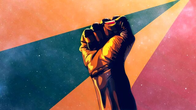 hand clenched african black skin on flag background video looping 