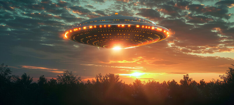 A large, glowing, alien shaped UFO saucer object is flying. UAP, Unexplained Aerial Phenomena