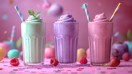 3d rendered multi-flavored fruit smoothies with small fruit pieces